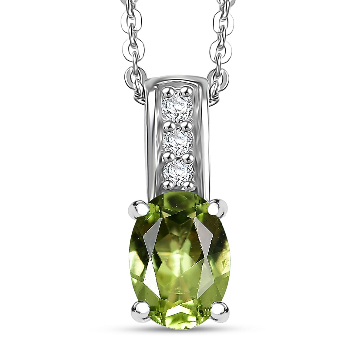Oval Gemstone & White Zircon Pendant Necklace – Rhodium-Plated Sterling Silver