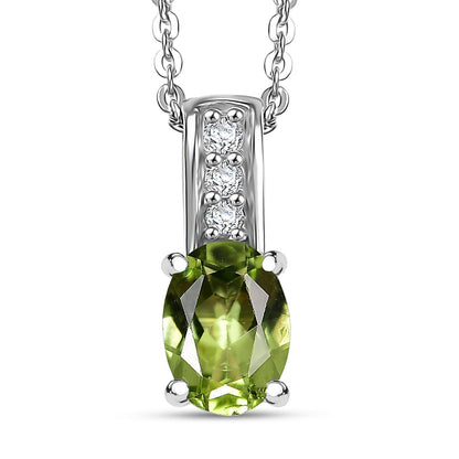 Oval Gemstone & White Zircon Pendant Necklace – Rhodium-Plated Sterling Silver