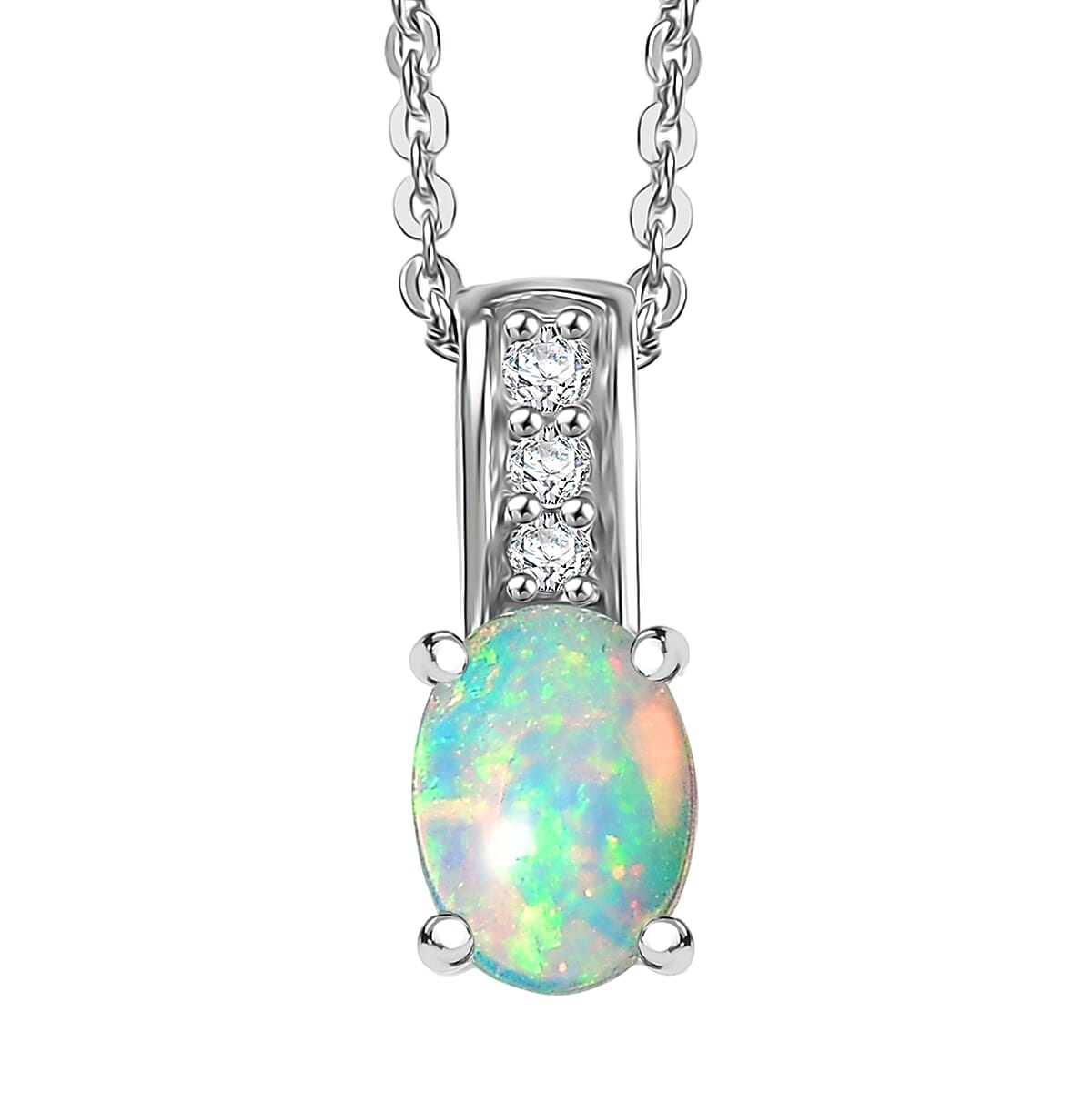 Oval Gemstone & White Zircon Pendant Necklace – Rhodium-Plated Sterling Silver