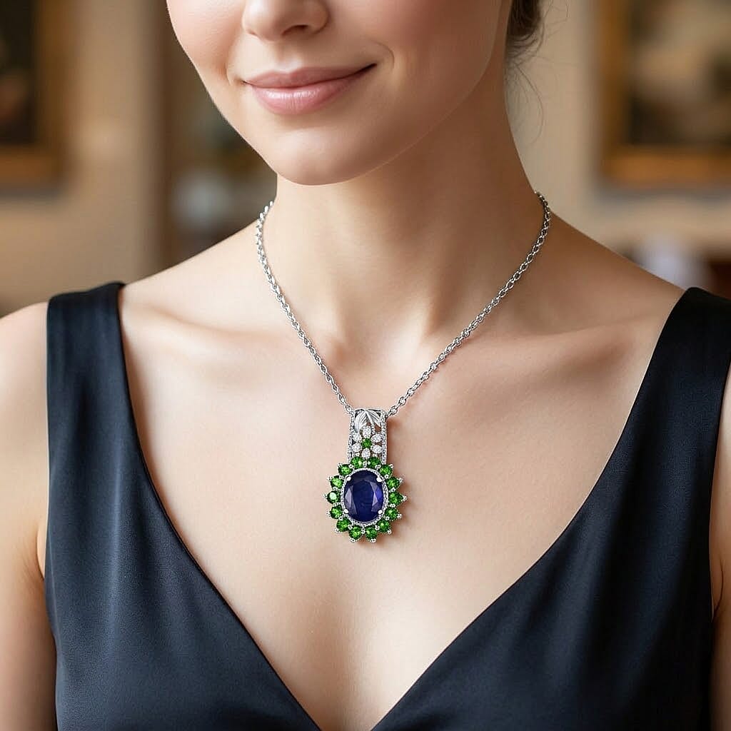 Masoala Sapphire and Multi Gemstone Pendant in Platinum Bonded Stainless Steel