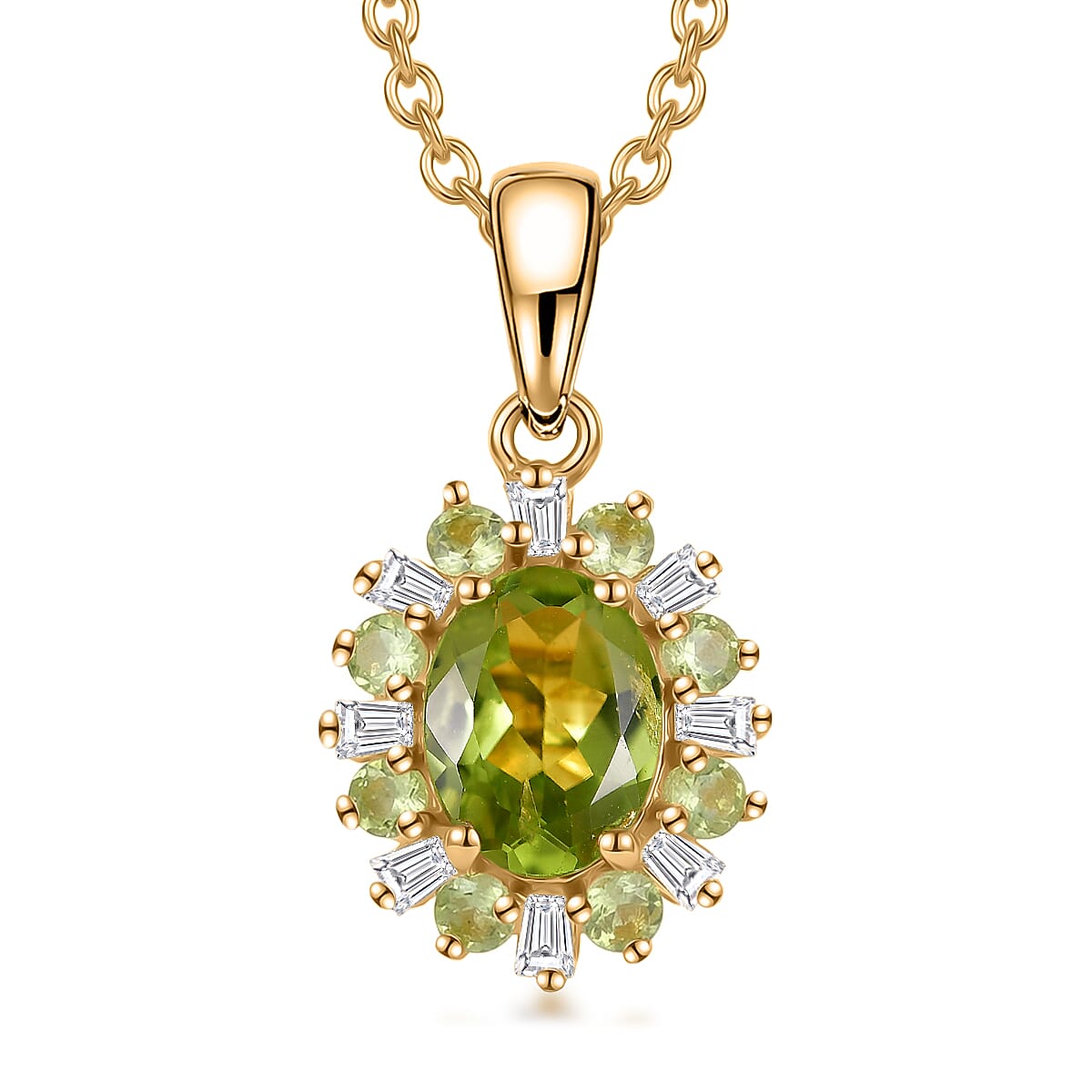 Peridot and Moissanite Gemstone Sunburst Pendant Necklace – 18K Gold Plated Finish