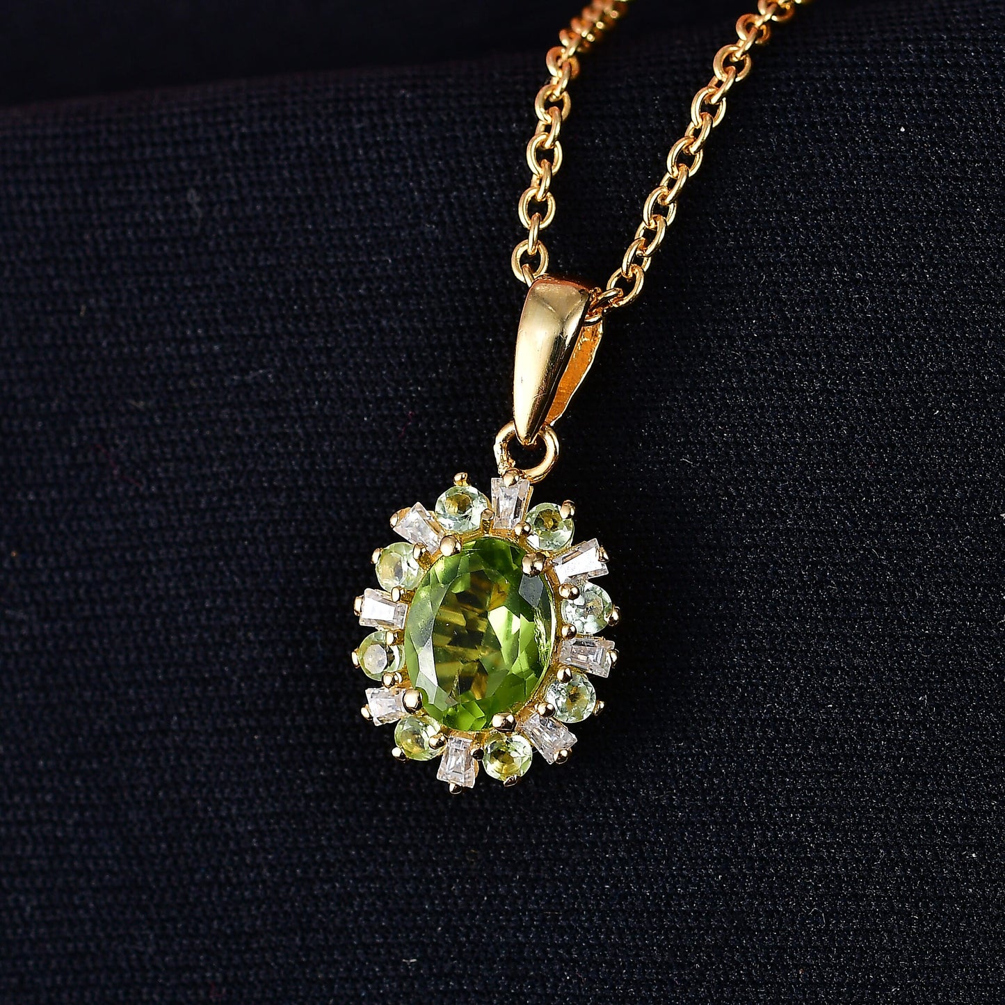 Peridot and Moissanite Gemstone Sunburst Pendant Necklace – 18K Gold Plated Finish