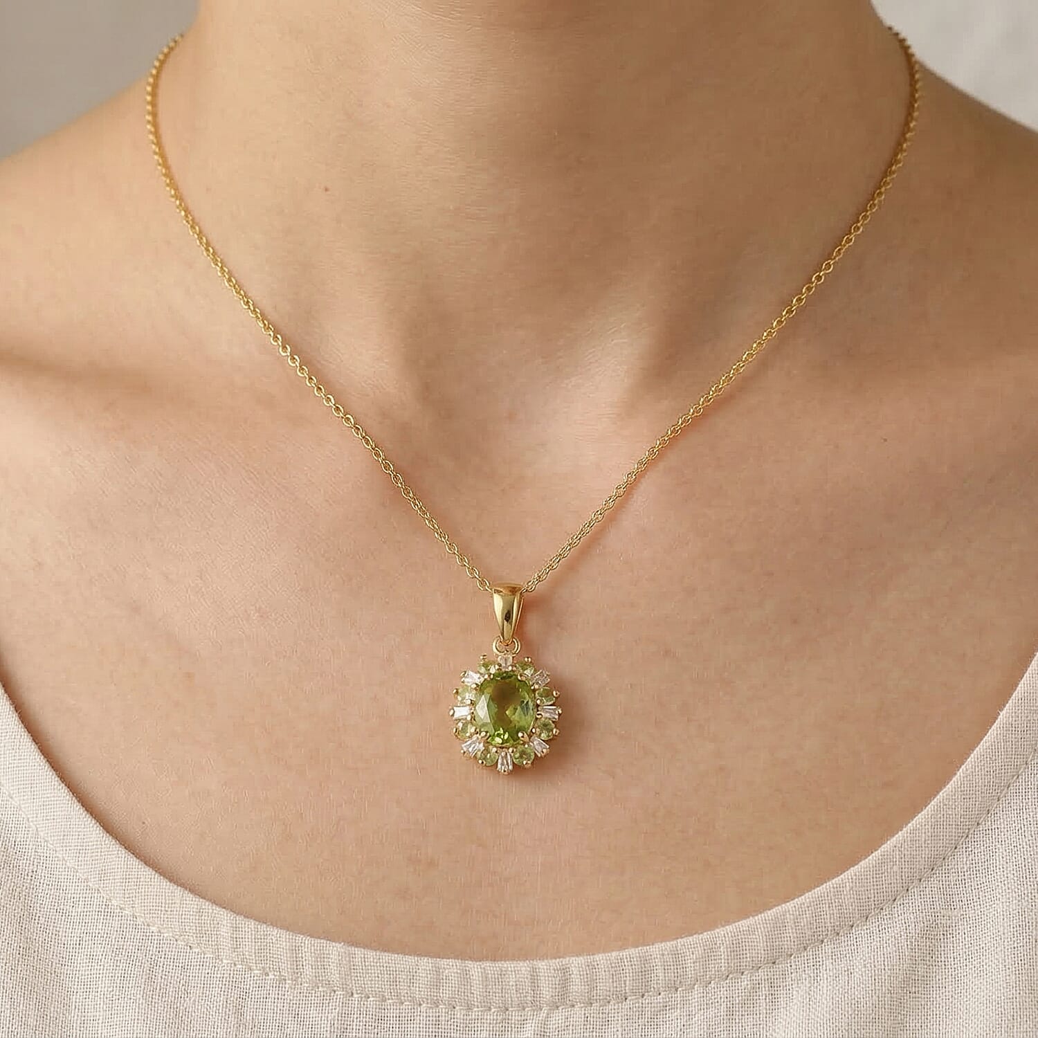 Peridot and Moissanite Gemstone Sunburst Pendant Necklace – 18K Gold Plated Finish