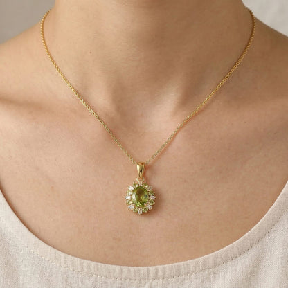 Peridot and Moissanite Gemstone Sunburst Pendant Necklace – 18K Gold Plated Finish