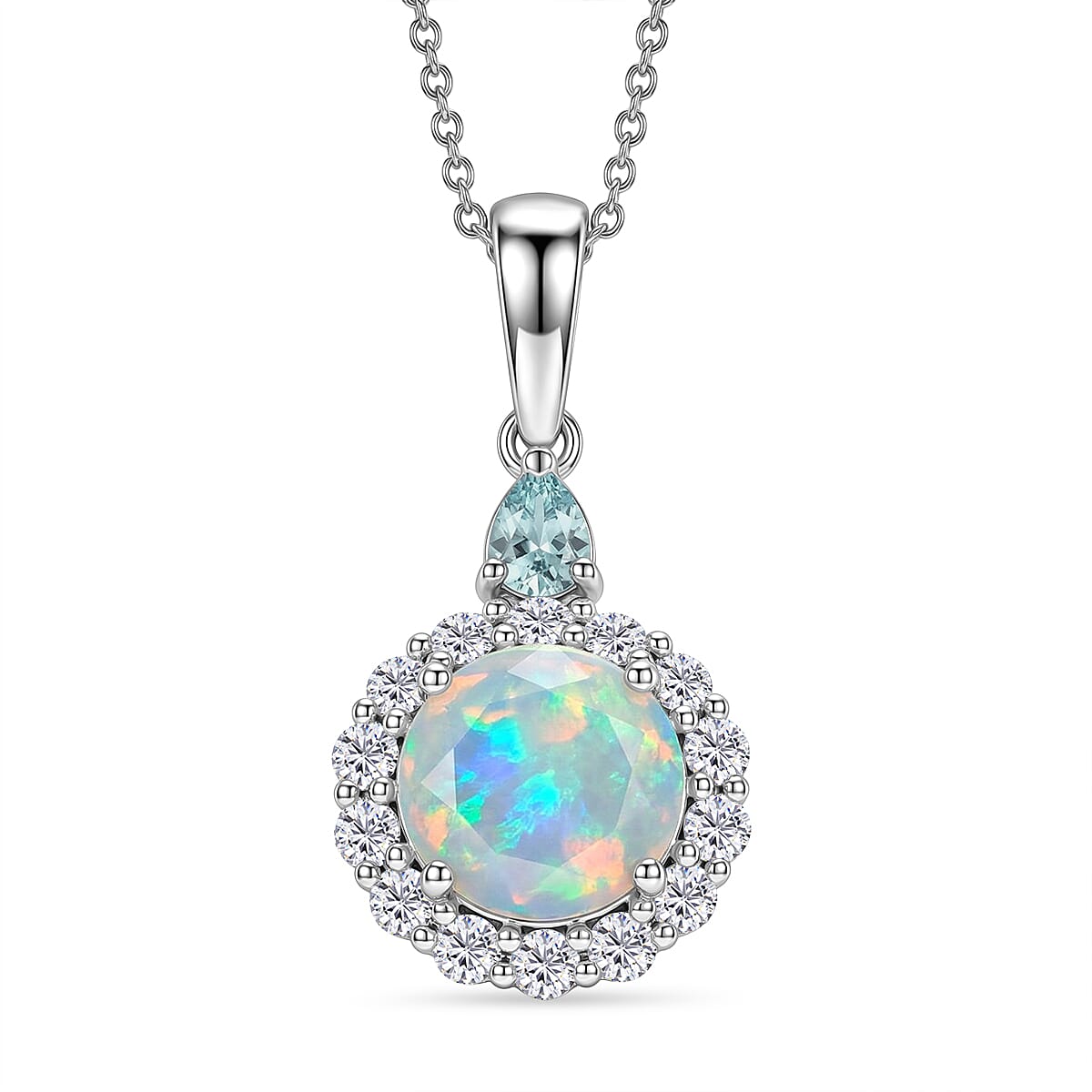 Ethiopian Welo Opal with Blue and White Moissanite Pendant Necklace