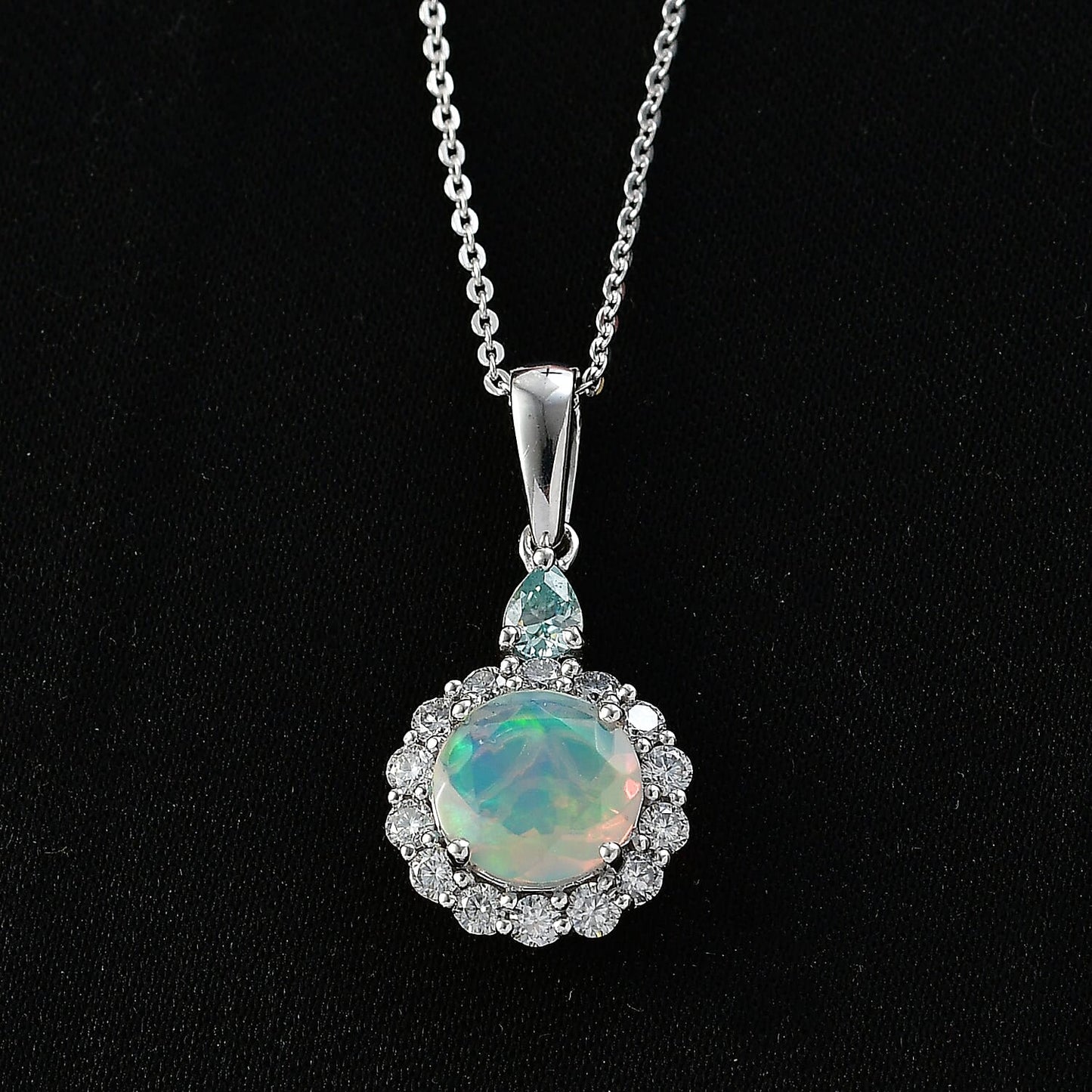Ethiopian Welo Opal with Blue and White Moissanite Pendant Necklace