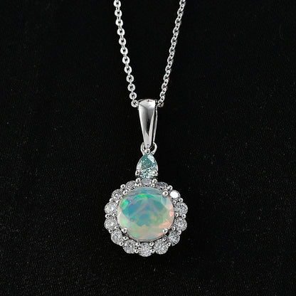 Ethiopian Welo Opal with Blue and White Moissanite Pendant Necklace