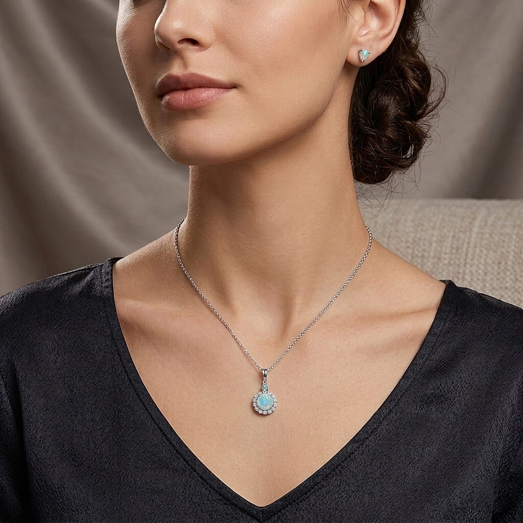 Ethiopian Welo Opal with Blue and White Moissanite Pendant Necklace