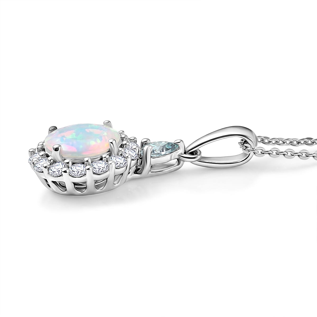 Ethiopian Welo Opal with Blue and White Moissanite Pendant Necklace