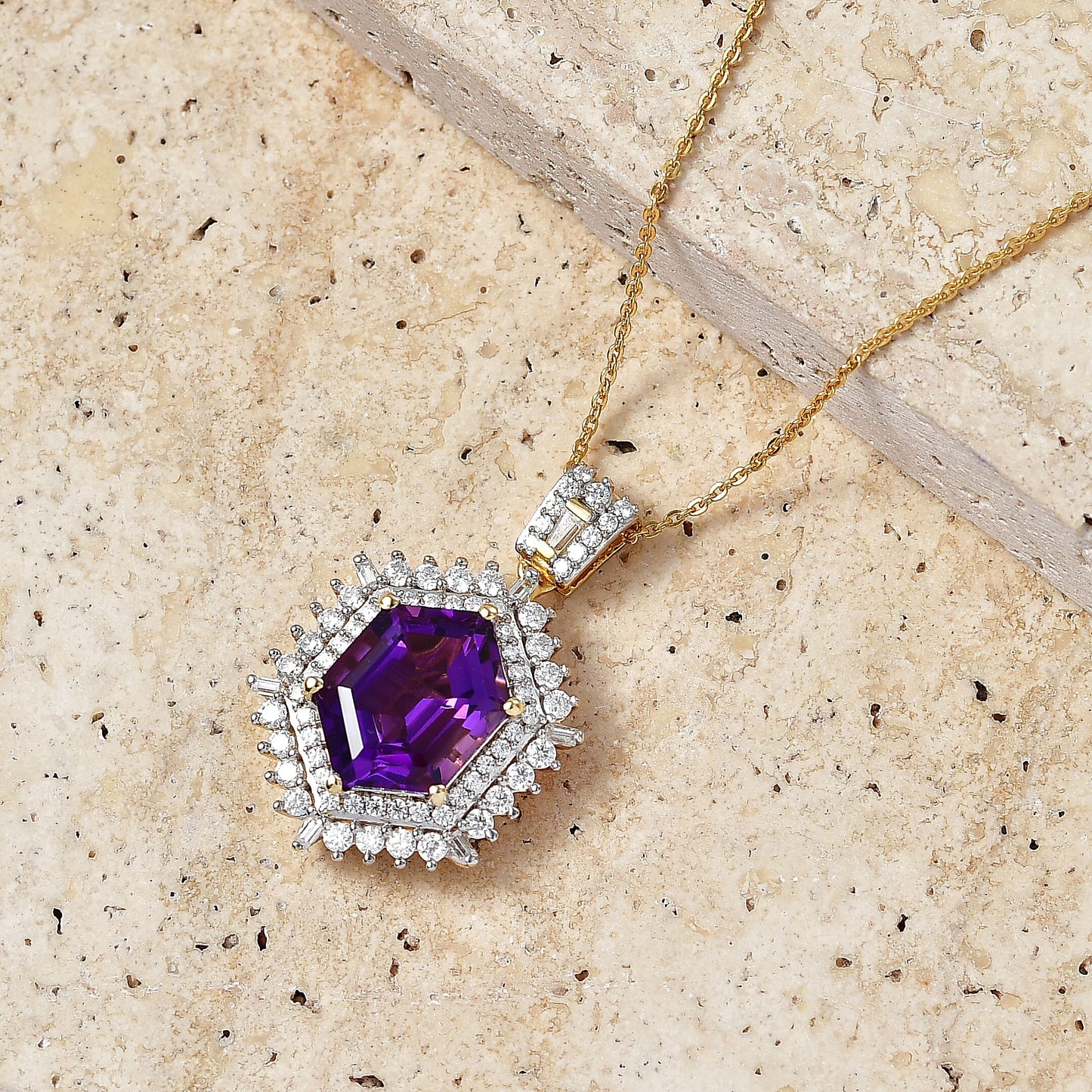 Lusaka Amethyst and Moissanite Sunburst Pendant Necklace – Intuition and Protection
