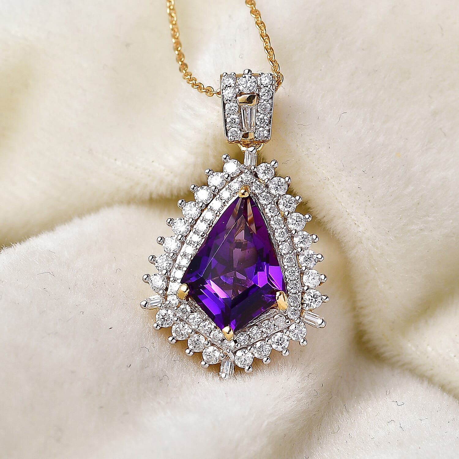 Lusaka Amethyst and Moissanite Sunburst Pendant Necklace – Intuition and Protection