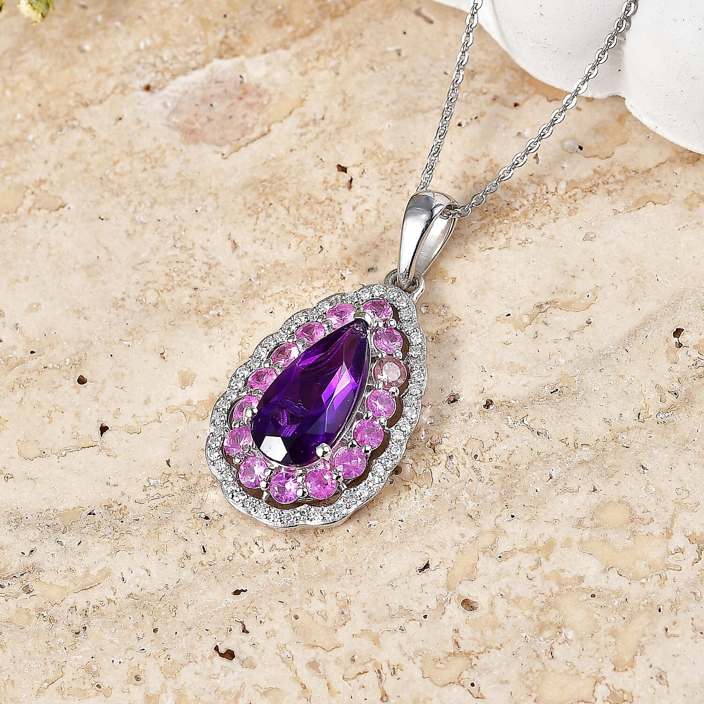 Zambian Amethyst and Multi Gemstone Royal Teardrop Bloom Pendant – Intuition and Growth