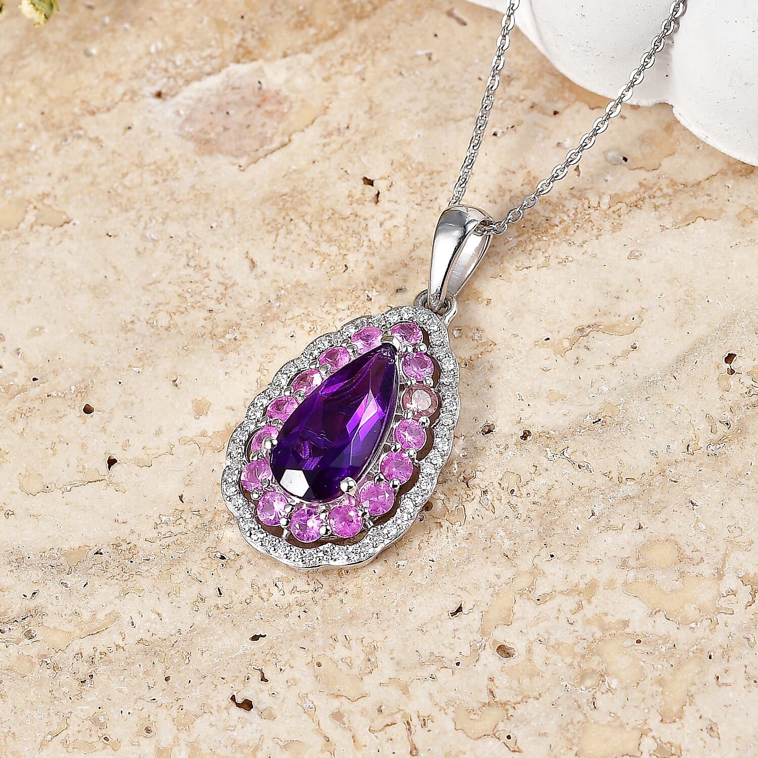 Zambian Amethyst and Multi Gemstone Royal Teardrop Bloom Pendant – Intuition and Growth