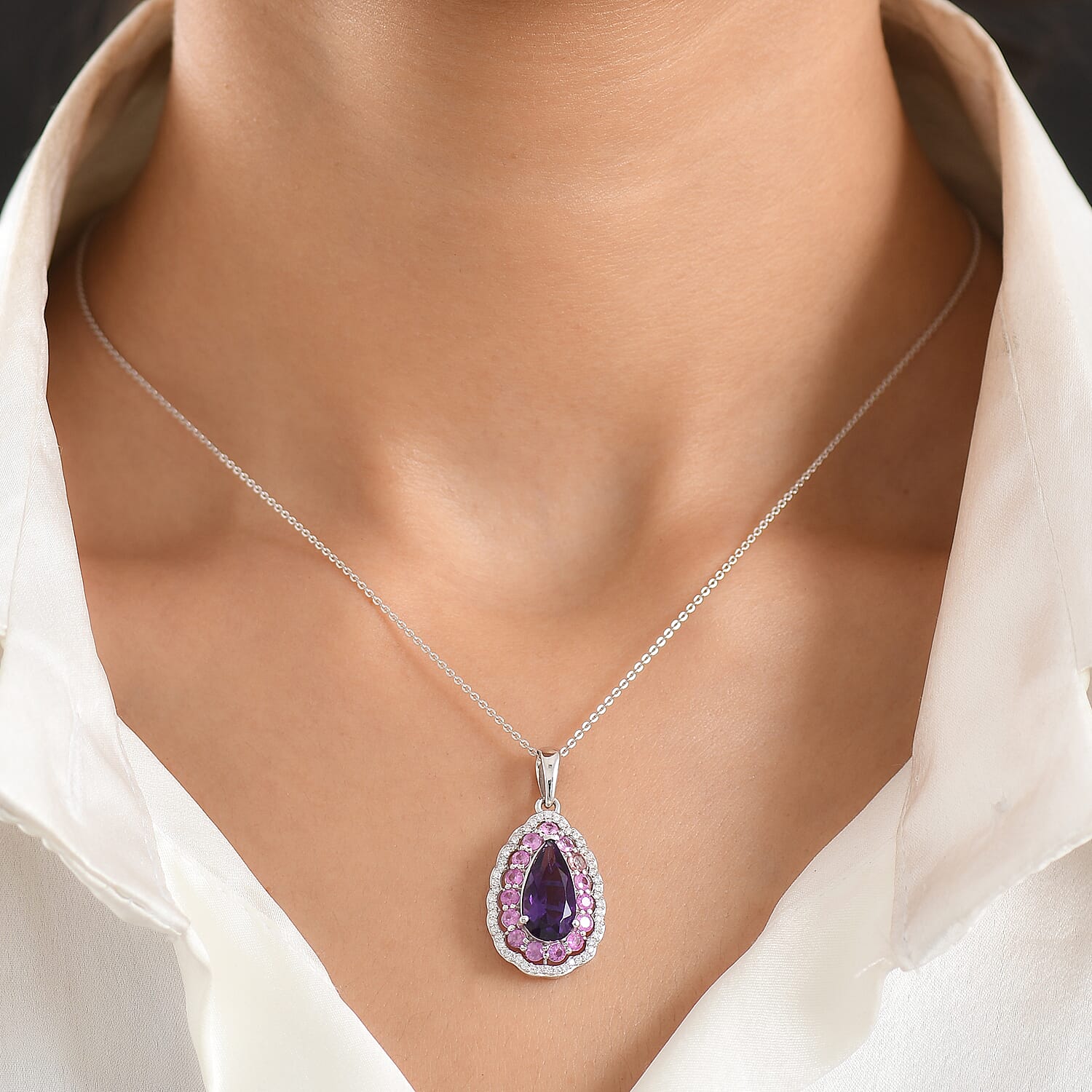 Zambian Amethyst and Multi Gemstone Royal Teardrop Bloom Pendant – Intuition and Growth