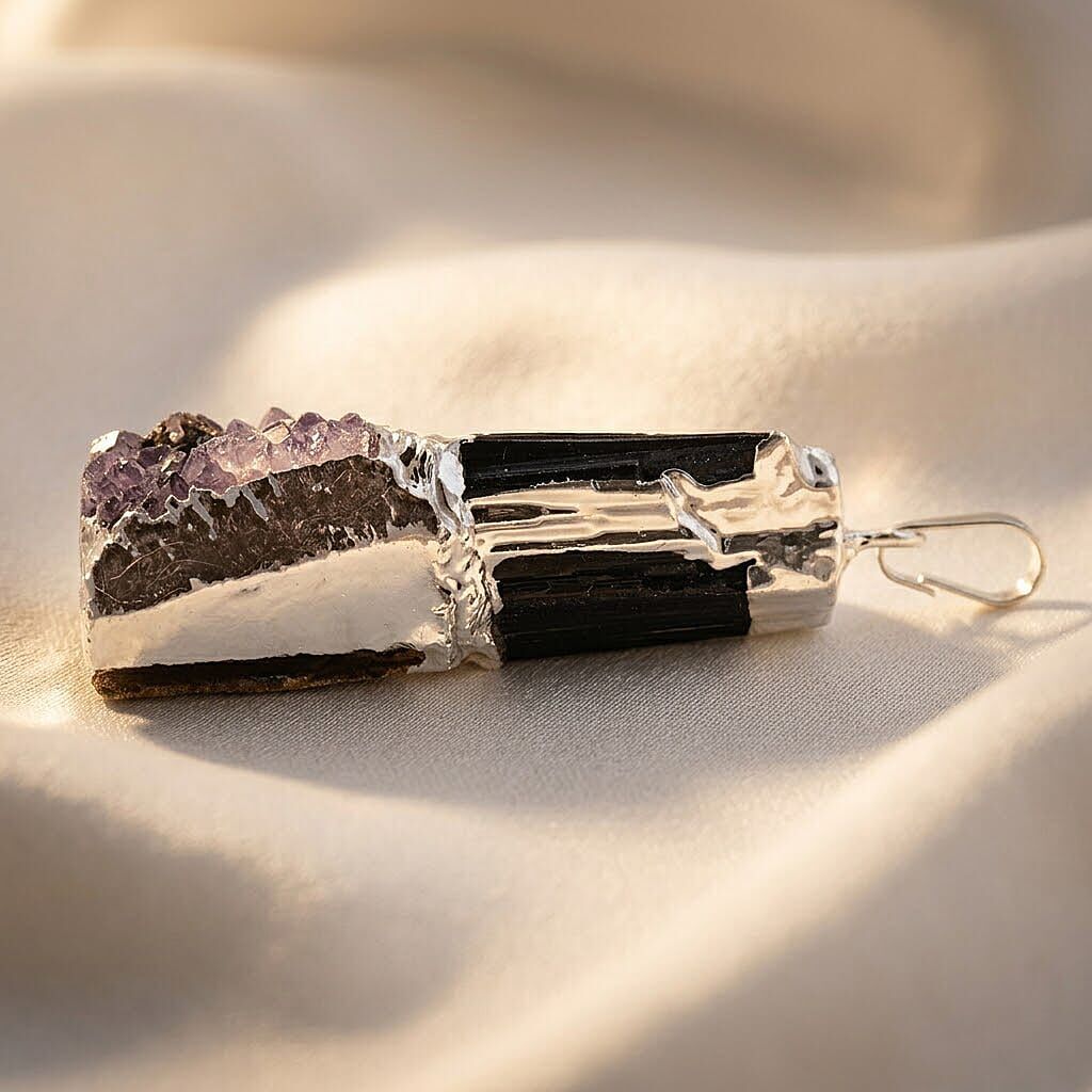 Black Tourmaline & Amethyst Pendant – Twin Power