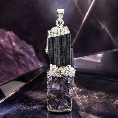 Black Tourmaline & Amethyst Pendant – Twin Power