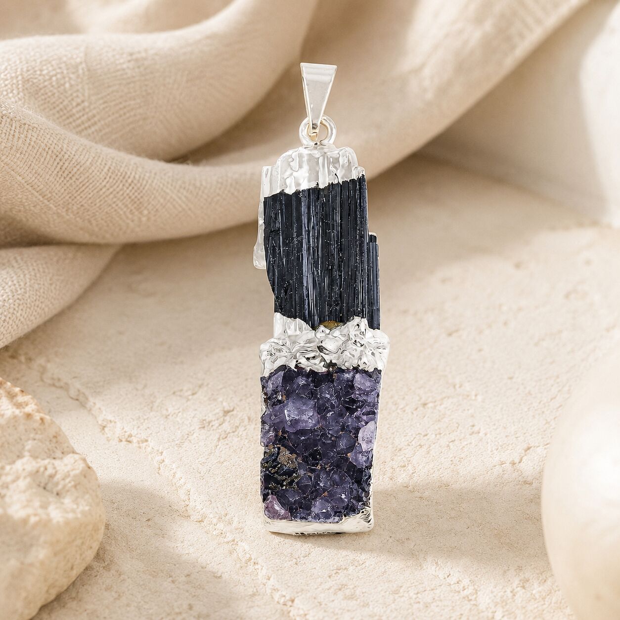 Black Tourmaline & Amethyst Pendant – Twin Power