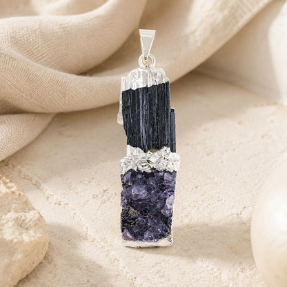 Black Tourmaline & Amethyst Pendant – Twin Power