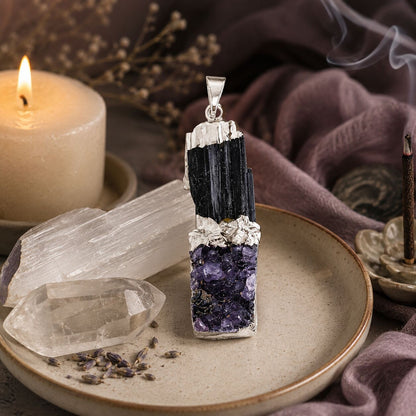 Black Tourmaline & Amethyst Pendant – Twin Power