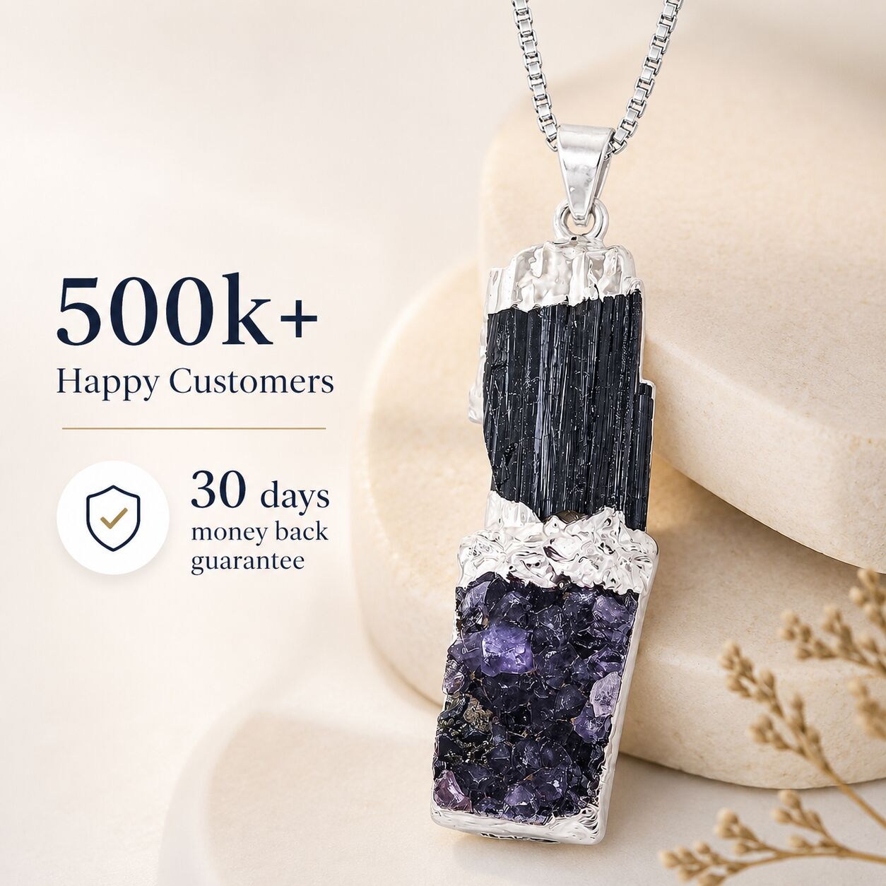 Black Tourmaline & Amethyst Pendant – Twin Power
