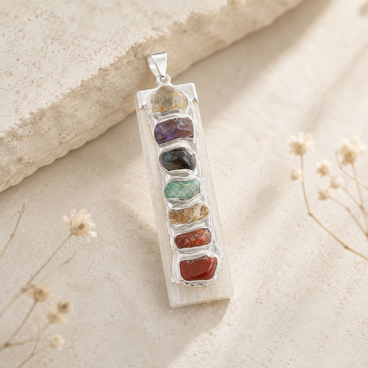 Selenite Chakra Pendant – 7 Healing Stones