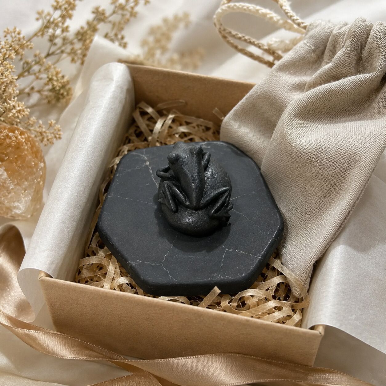 Shungite Frog Figurine on Pebble Base