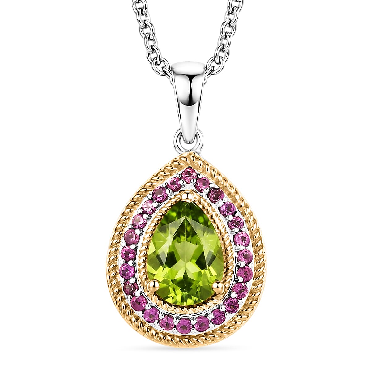 Peridot and Rhodolite Garnet Gemstone Pendant in 18K Gold Plating with Stainless Steel