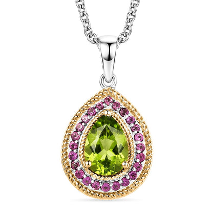 Peridot and Rhodolite Garnet Gemstone Pendant in 18K Gold Plating with Stainless Steel