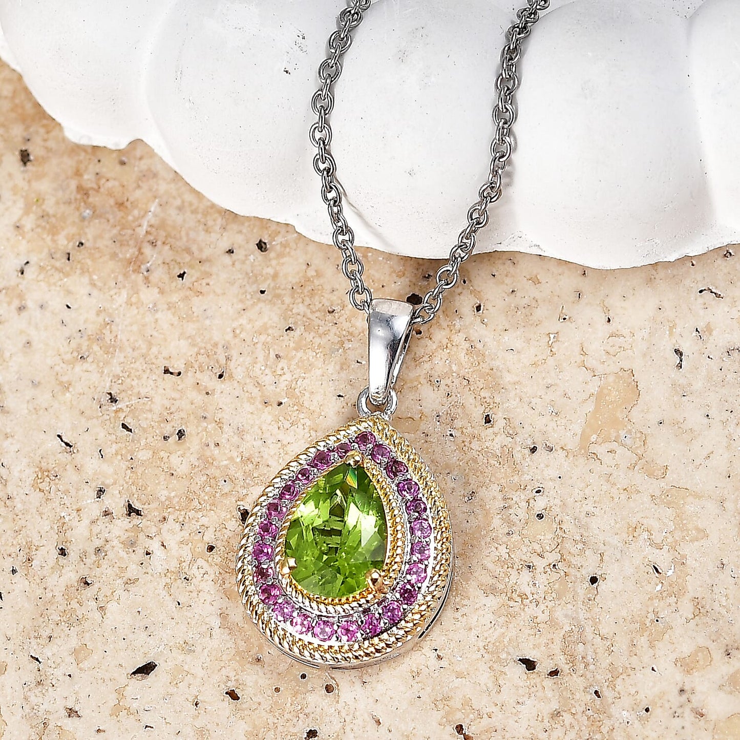 Peridot and Rhodolite Garnet Gemstone Pendant in 18K Gold Plating with Stainless Steel