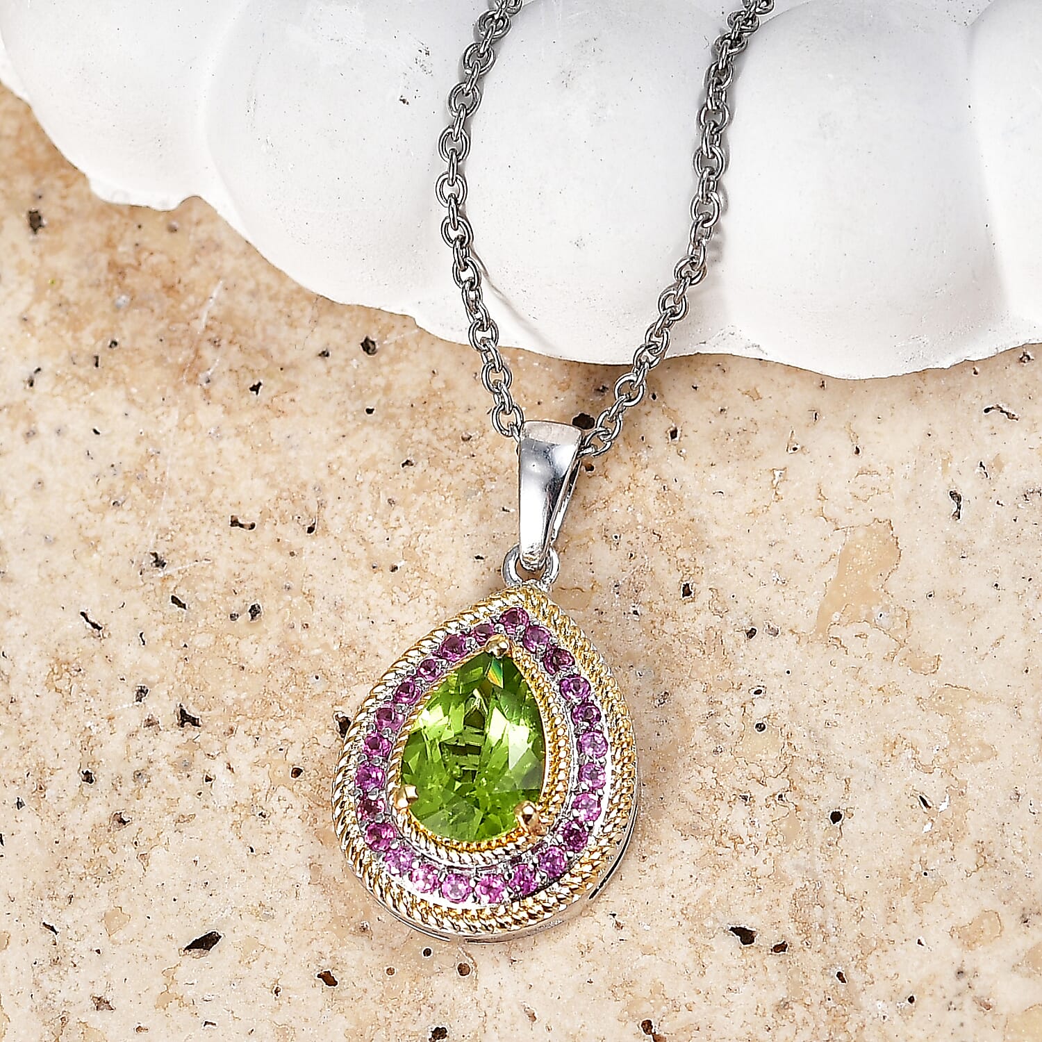 Peridot and Rhodolite Garnet Gemstone Pendant in 18K Gold Plating with Stainless Steel
