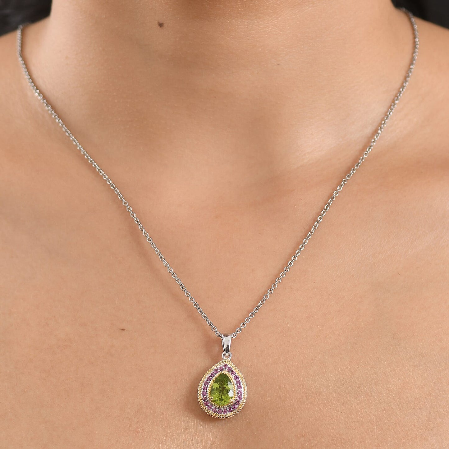 Peridot and Rhodolite Garnet Gemstone Pendant in 18K Gold Plating with Stainless Steel
