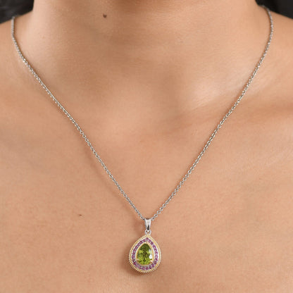 Peridot and Rhodolite Garnet Gemstone Pendant in 18K Gold Plating with Stainless Steel