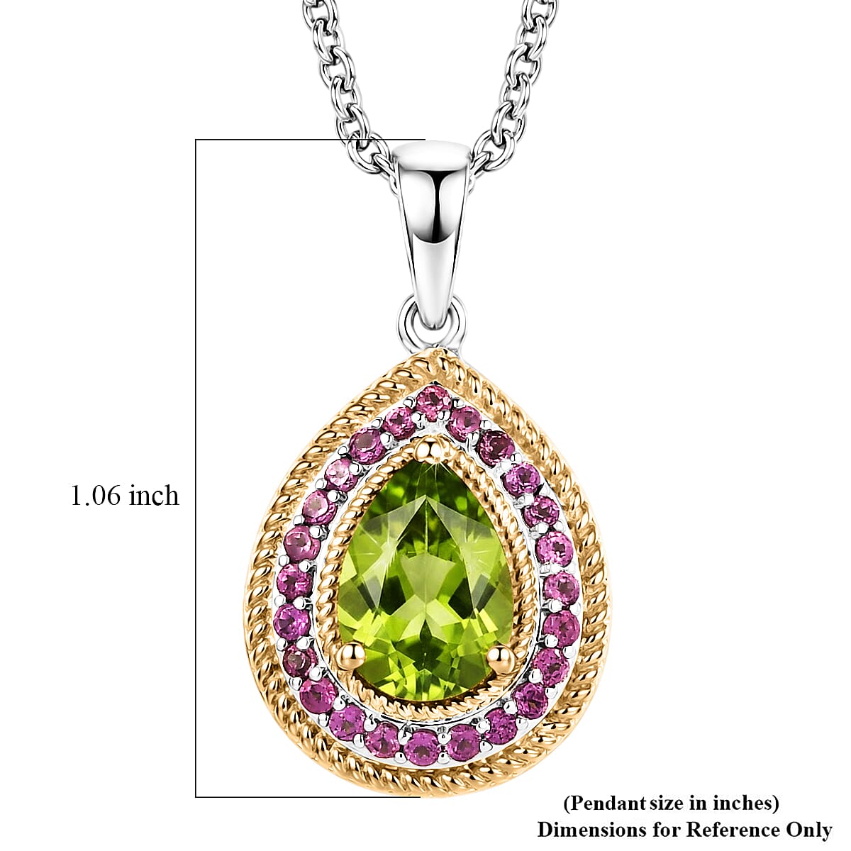 Peridot and Rhodolite Garnet Gemstone Pendant in 18K Gold Plating with Stainless Steel