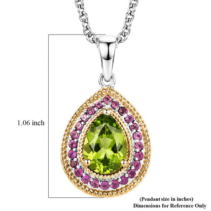 Peridot and Rhodolite Garnet Gemstone Pendant in 18K Gold Plating with Stainless Steel