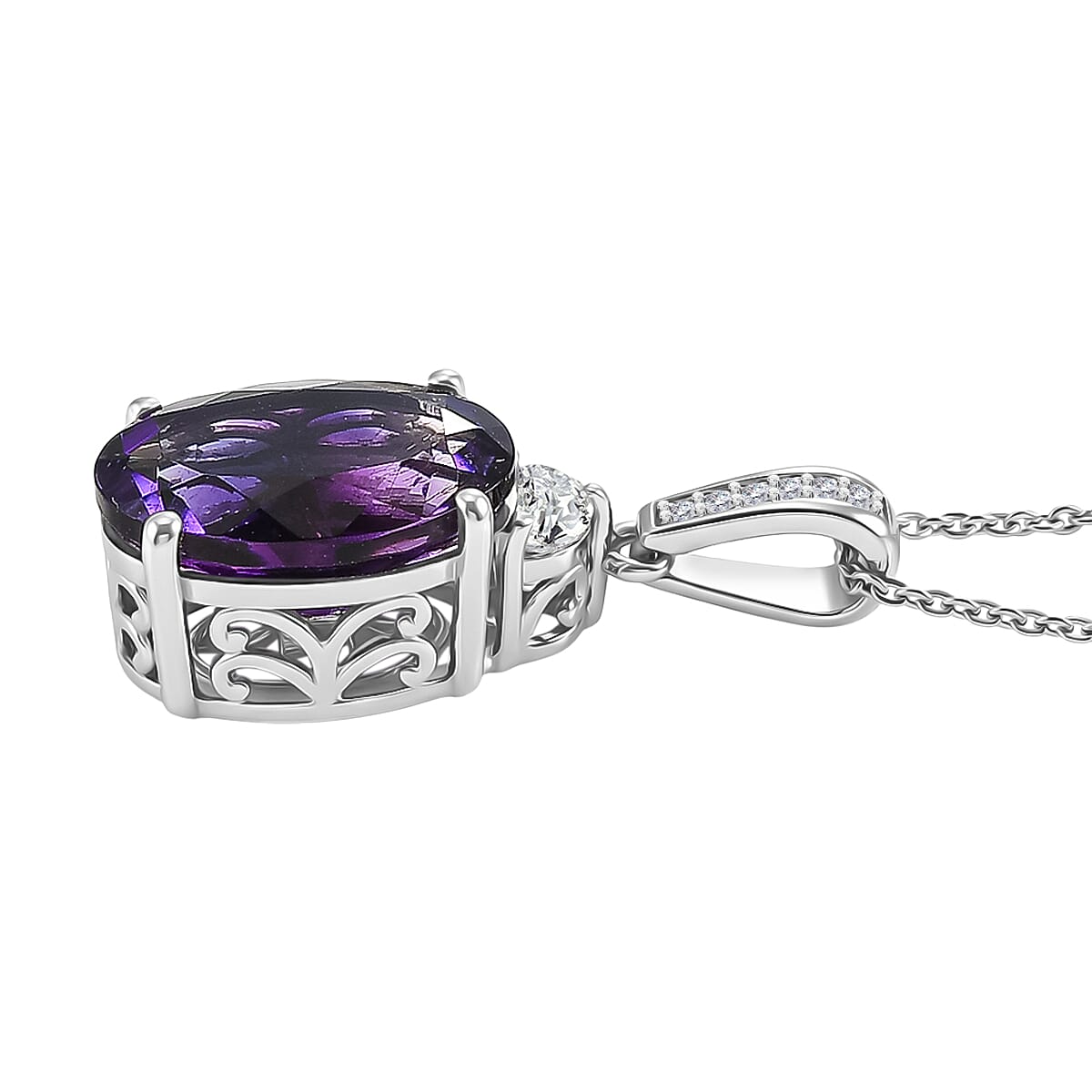 Moroccan Amethyst and White Zircon Royal Court Pendant in Rhodium Sterling Silver
