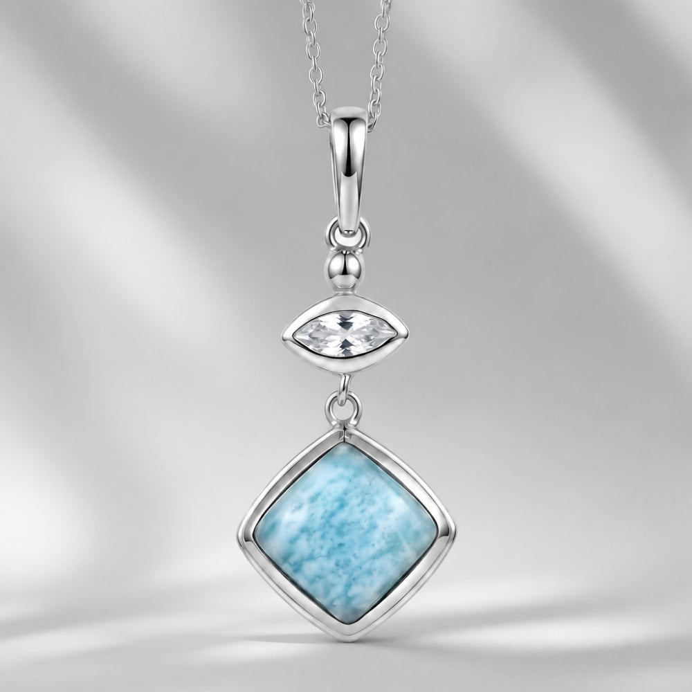 Larimar and White Zircon Oxidised Silver Pendant, 20" Chain