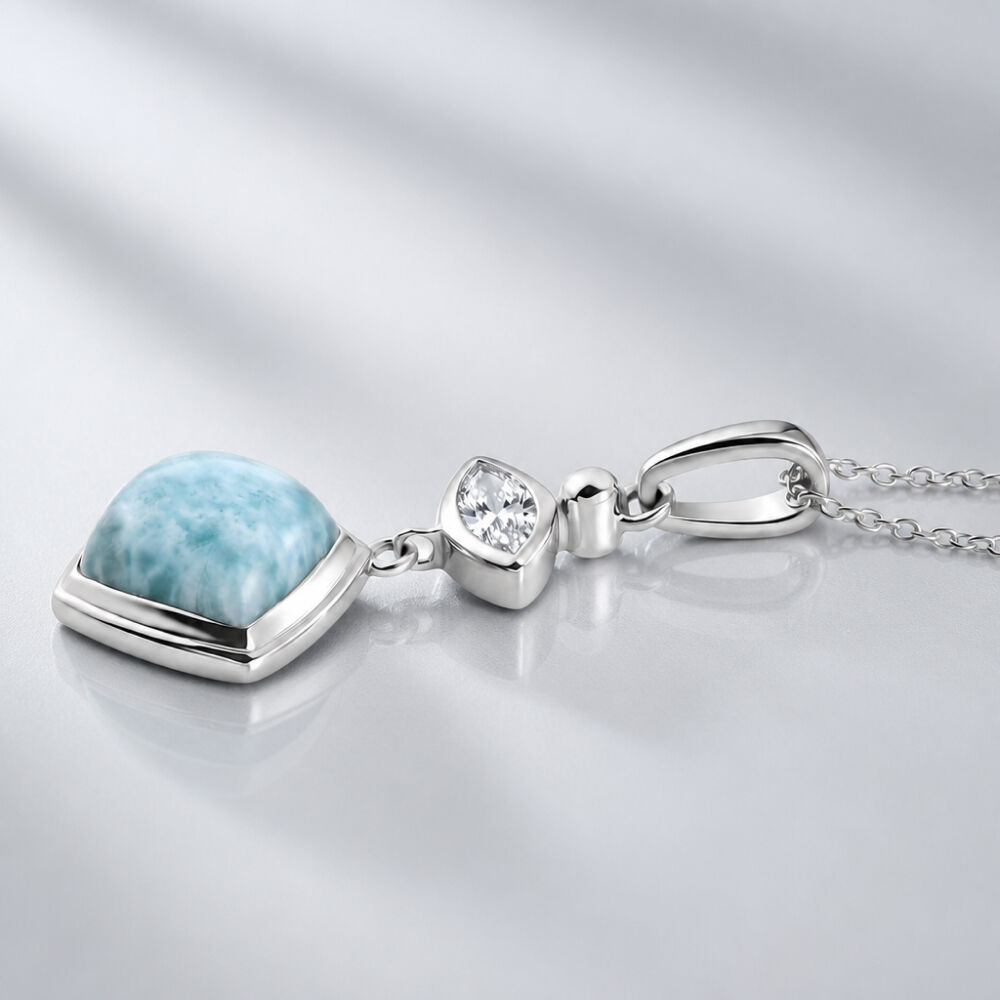 Larimar and White Zircon Oxidised Silver Pendant, 20" Chain