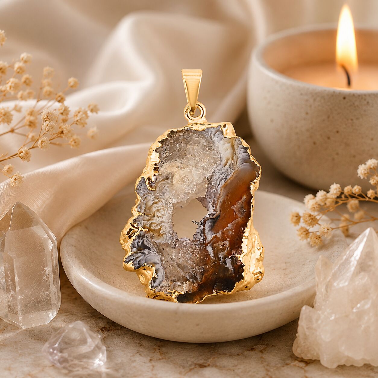 Goldtone Geode Slice Pendant – Statement Size