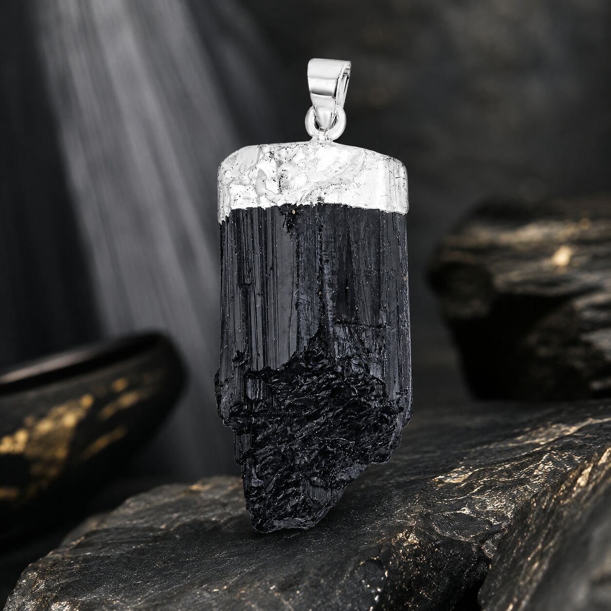 Bold Black Tourmaline Pendant – Strong Shield