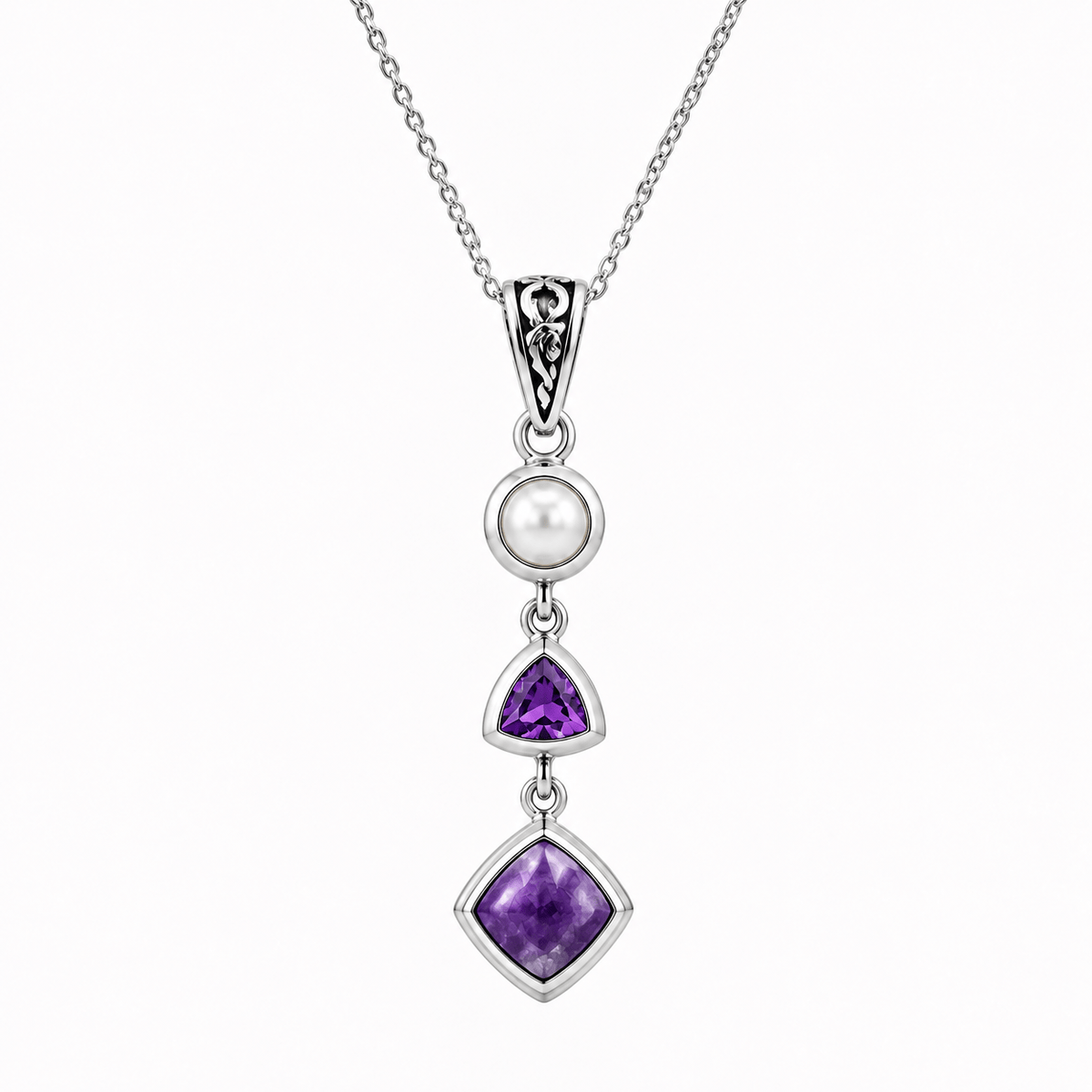 Natural Charoite, Amethyst & Pearl Necklace in Sterling Silver