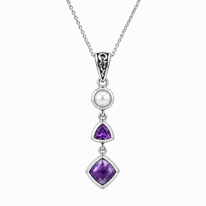 Natural Charoite, Amethyst & Pearl Necklace in Sterling Silver