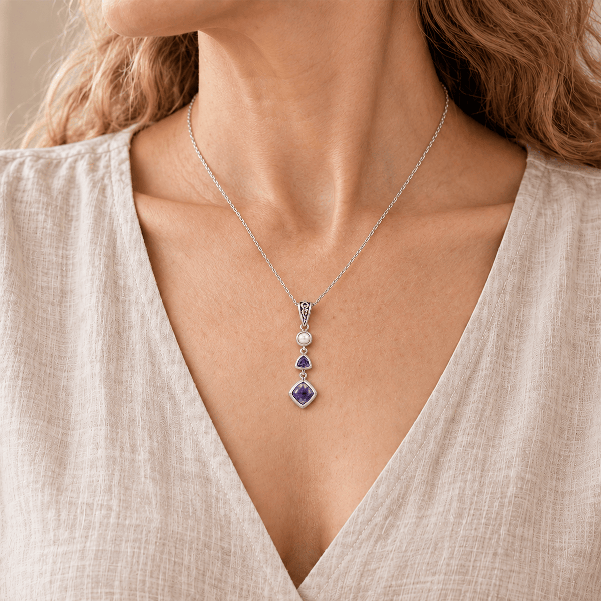 Natural Charoite, Amethyst & Pearl Necklace in Sterling Silver
