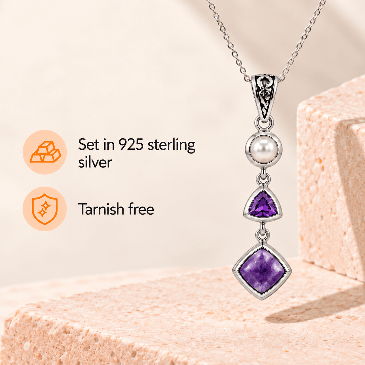 Natural Charoite, Amethyst & Pearl Necklace in Sterling Silver