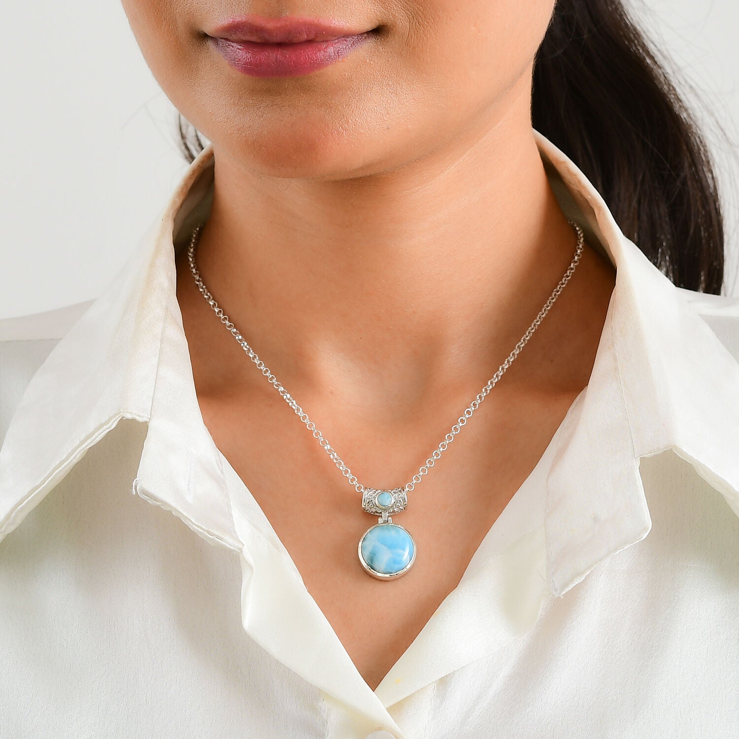 Larimar Pendant – Ocean Goddess Round Stone in Sterling Silver