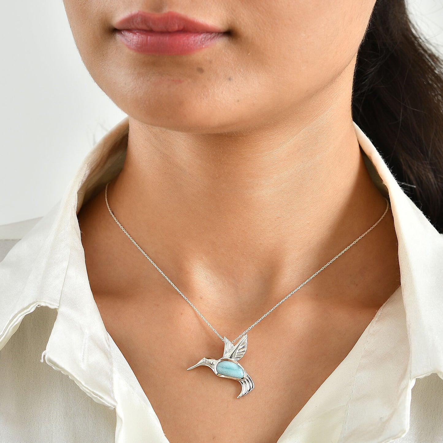 Larimar Hummingbird Pendant Necklace – Ocean Blue Stone in Sterling Silver