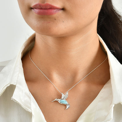 Larimar Hummingbird Pendant Necklace – Ocean Blue Stone in Sterling Silver