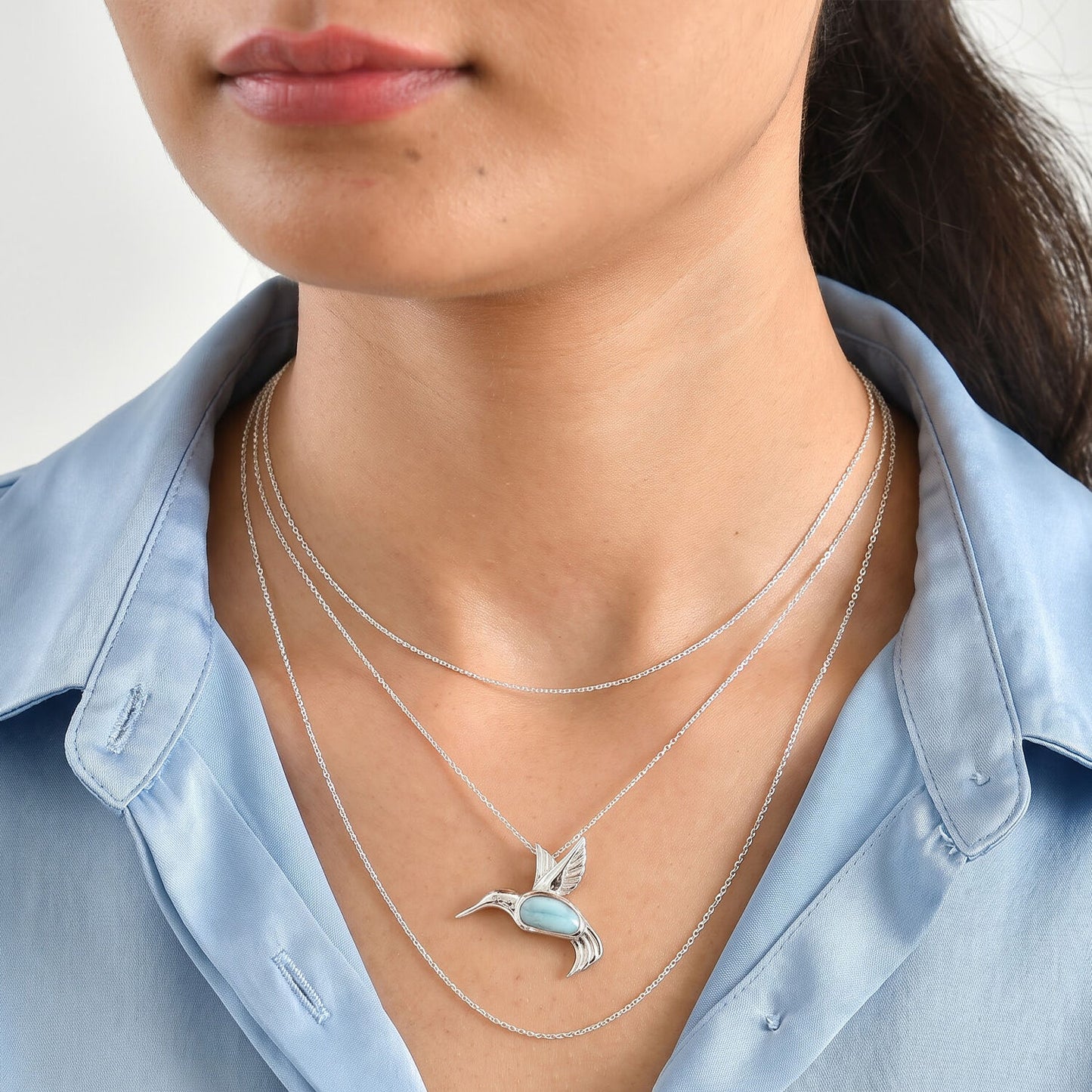 Larimar Hummingbird Pendant Necklace – Ocean Blue Stone in Sterling Silver