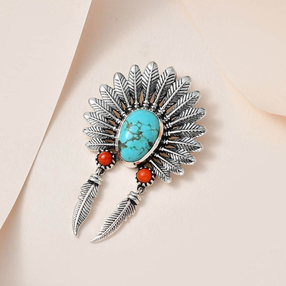 Artisanal Turquoise and Coral Feather Pendant