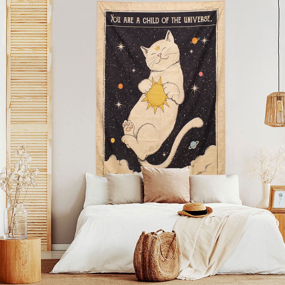 Mystical Dreaming Cat Tarot Wall Tapestry - Boho Decor