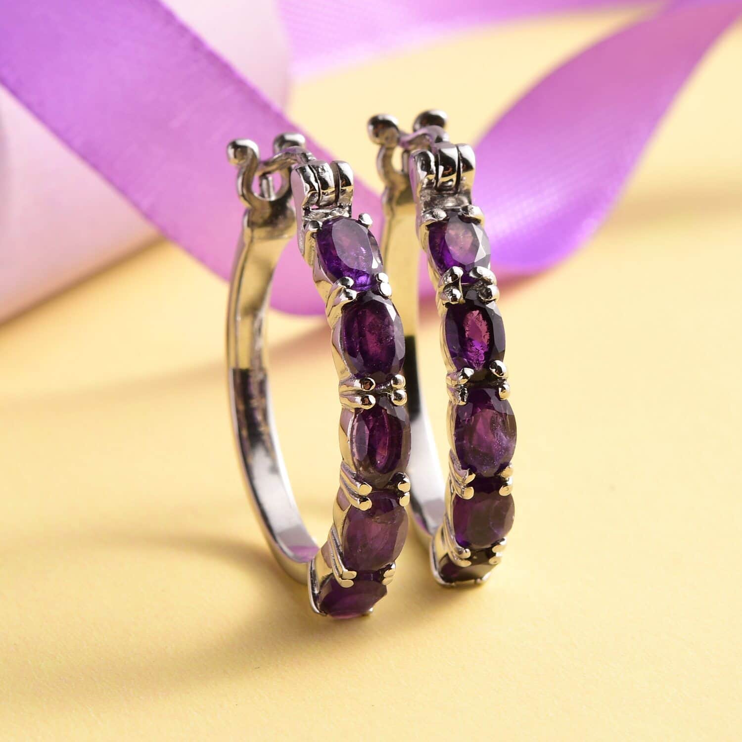 Amethyst Hoop Earrings in Stainless Steel